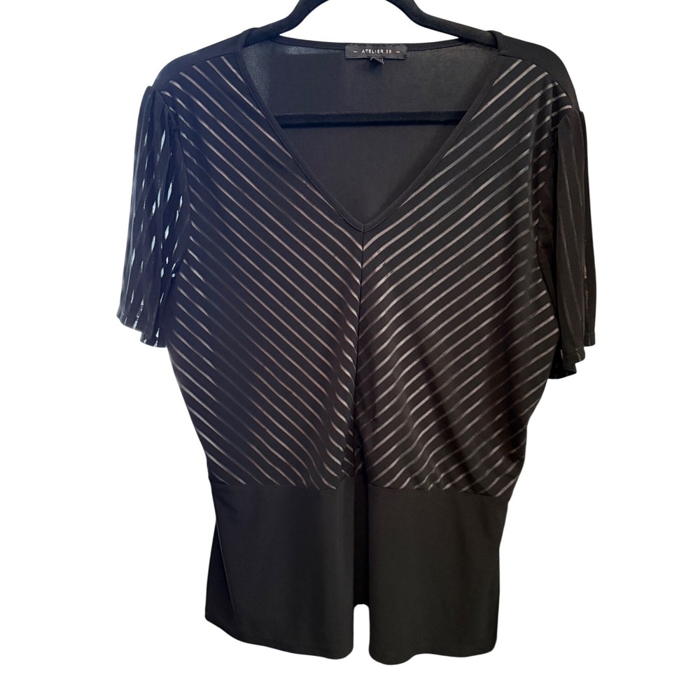 Atelier 29 Womens XL Black Chevron Striped Mesh V-Neck Peplum Blouse Top